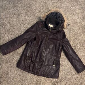 Michael KORS Brown Size Large Leather Jacket with Genuine Real Fur Hood(Large)